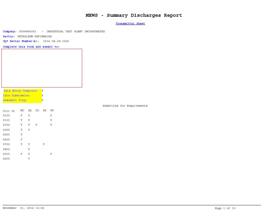 Screen capture of a Summary Discharges Report Transmittal Sheet showing no ministry contact information.