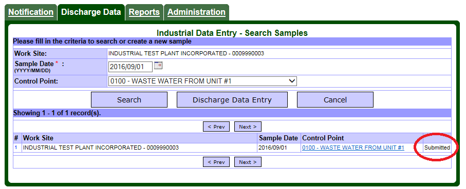 Screen capture of the Discharge Data – Data Entry page showing a “Submitted” status for sample data corresponding to a given date and control point.