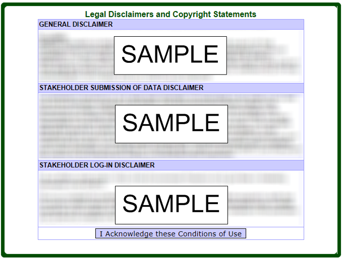Screen capture of the MEWS legal disclaimer and copyright statements dialog box.