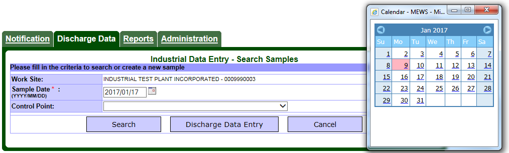 Screen capture of the Industrial Data Entry – Search Samples page with Sample Date Calendar displayed.