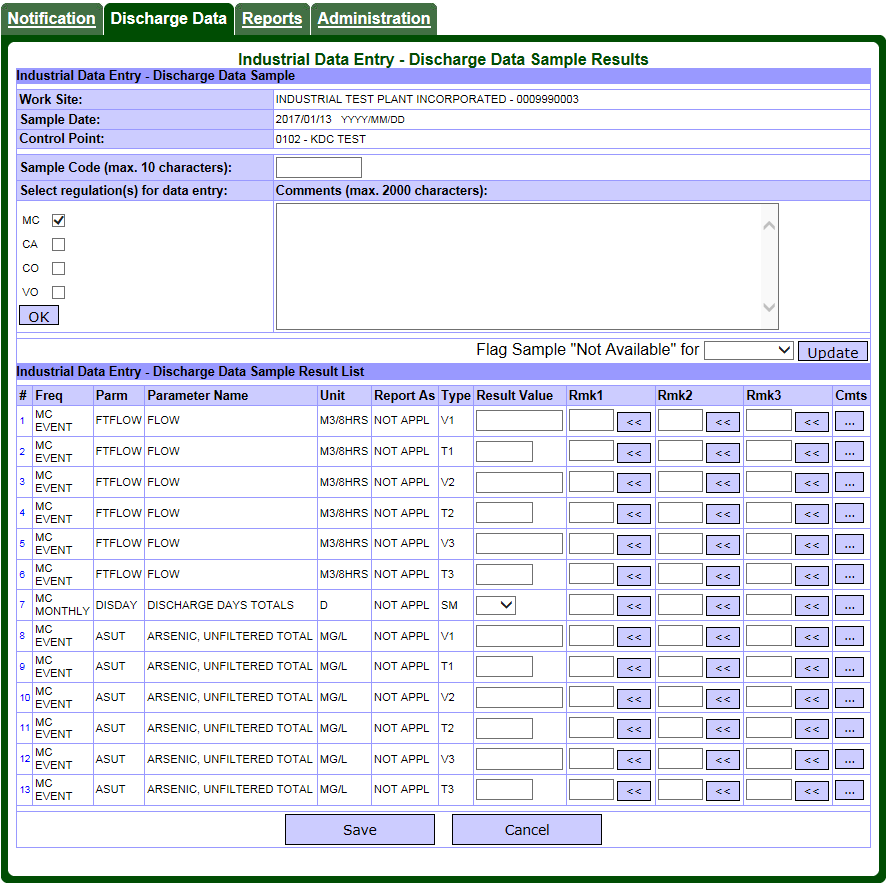 Screen capture of the Industrial Data Entry – Discharge Data Sample Results page for an overflow effluent sample, common in the Metal Mining Sector.