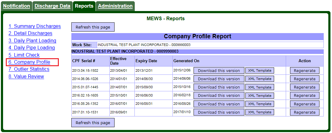 Screen capture of the Reports - Company Profile Reports page.