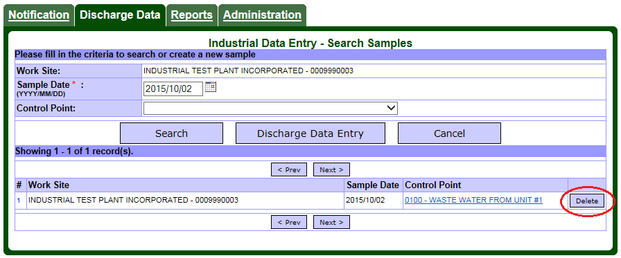 Screen capture of the Industrial Data Entry – Search Samples page showing a list of control points with sample data for a given date.