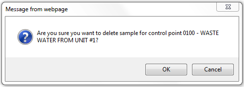 Screen capture of the confirmation prompt to delete a sample from a control point.