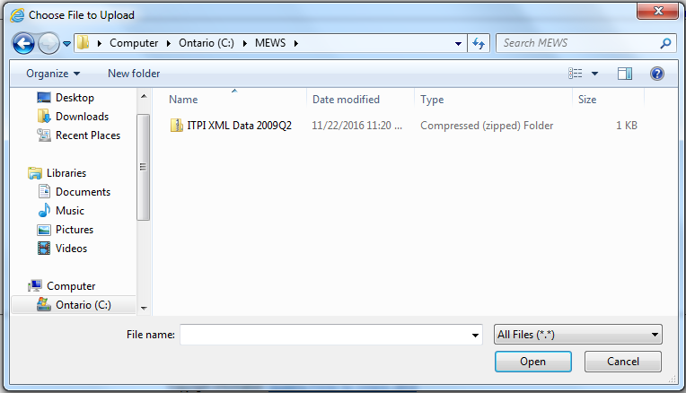Screen capture of a Microsoft Windows “Choose File” box used to select a zip file.