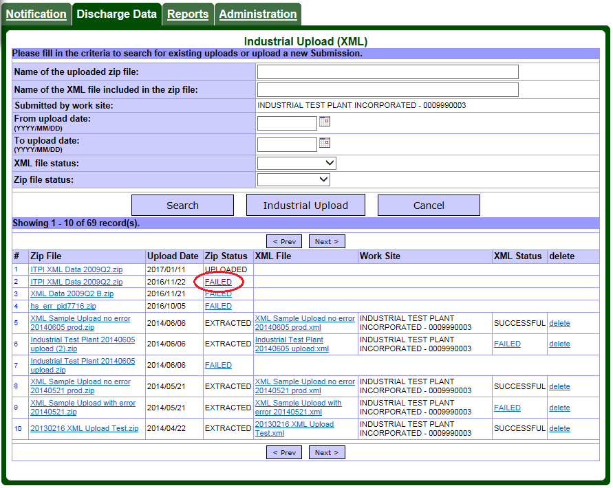 Screen capture of the Discharge Data – Industrial Upload (Extensible Markup Language) page showing zip file status (failed).