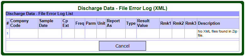 Screen capture of the Discharge Data – File Error Log (Extensible Markup Language) page.