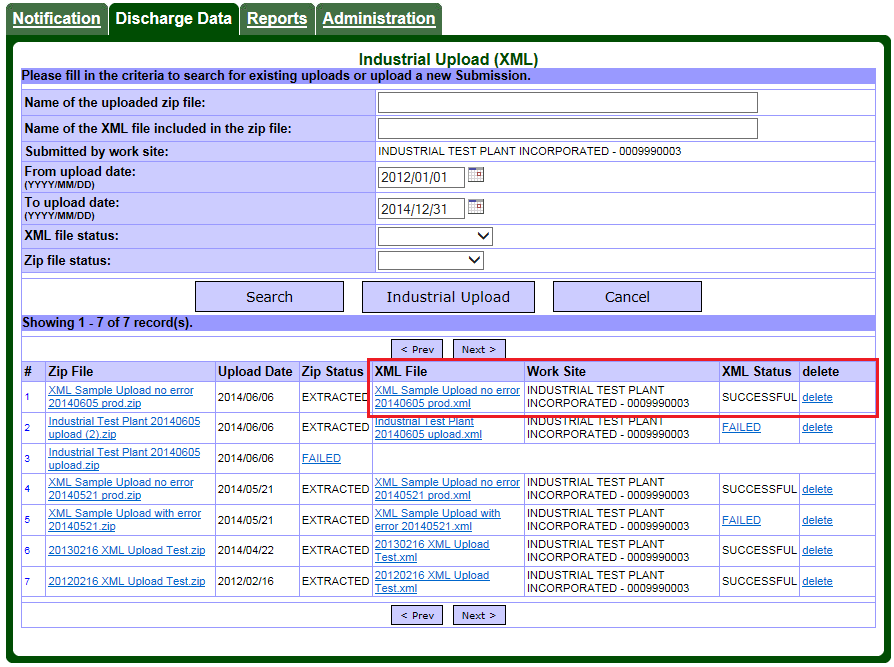 Screen capture of the Discharge Data – Industrial Upload (Extensible Markup Language) page showing additional information for uploaded files.