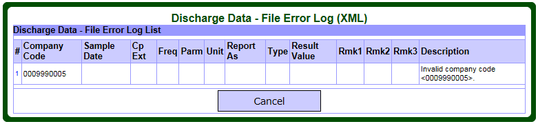 Screen capture of the Discharge Data – File Error Log (Extensible Markup Language) page showing examples error remarks.