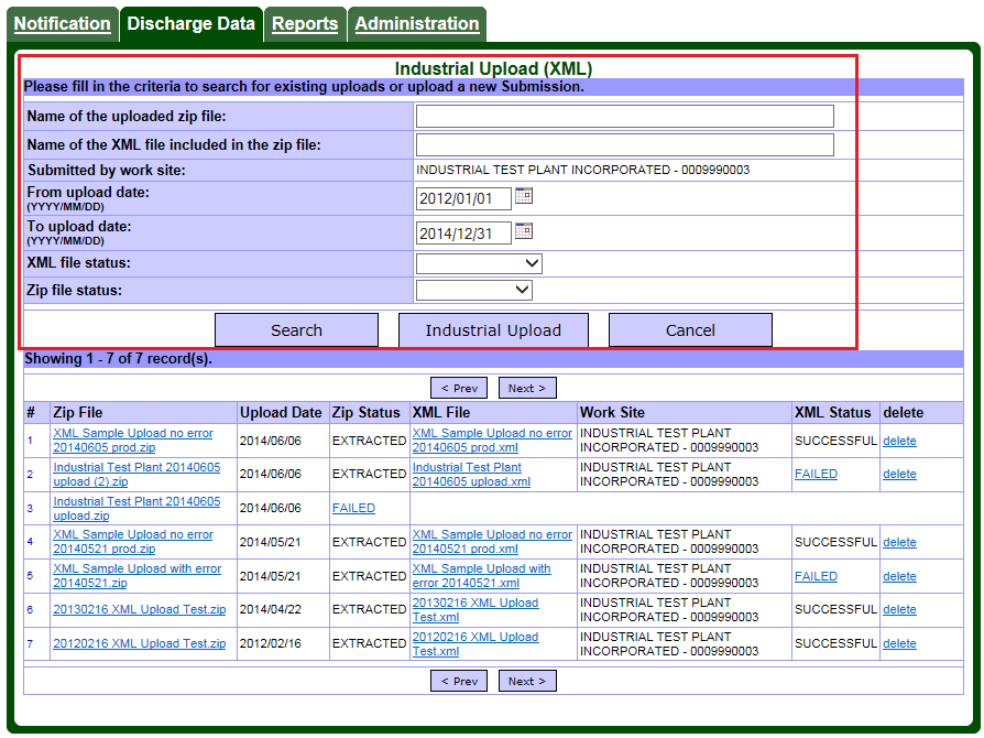 Screen capture of the Discharge Data – Industrial Upload (Extensible Markup Language) page showing options to search for previously uploaded files.