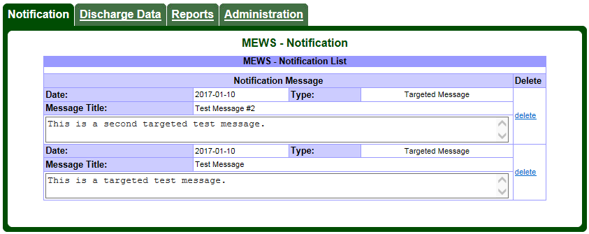 Screen capture of the Ministry Of The Enviroment Wastewater System Notifications listings.