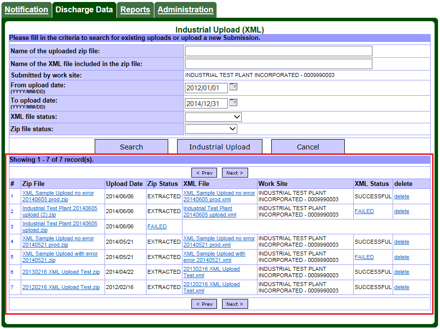 Screen capture of the Discharge Data – Industrial Upload (Extensible Markup Language) page showing a listing of previously uploaded file.