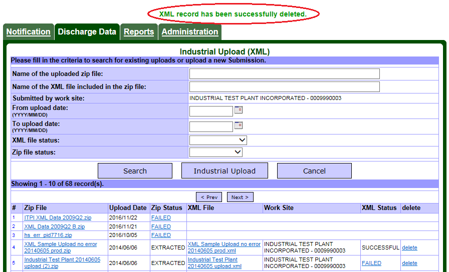Screen capture of the Discharge Data – Industrial Upload (Extensible Markup Language) page showing confirmation of a successful deletion of a previously uploaded file.