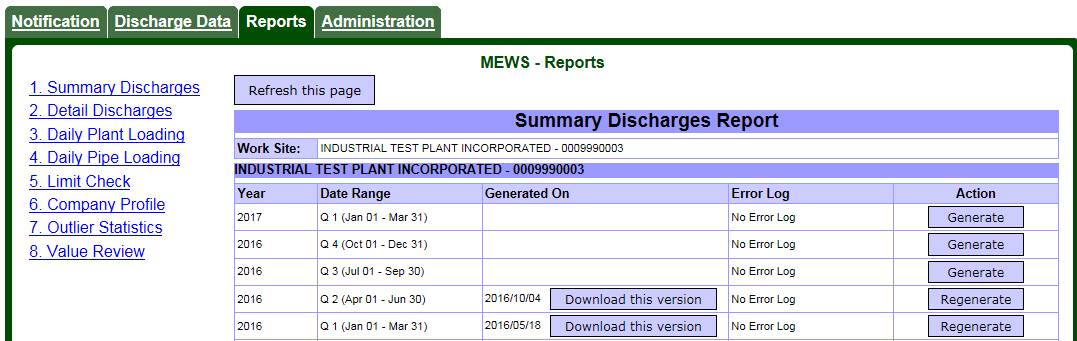 Screen capture of the Reports – Summary Discharges Report page.