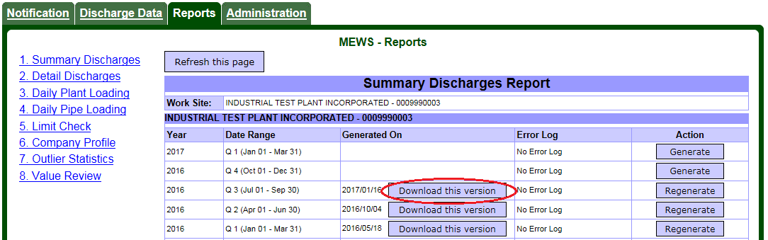 Screen capture of the Reports – Summary Discharges Report page showing a generated report ready for download.