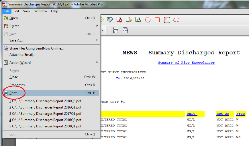 Screen capture of a Summary Discharges Report with web browser print function selected.