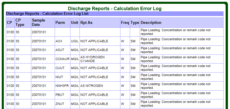 Screen capture of the Discharge Reports – Calculation Error Log.