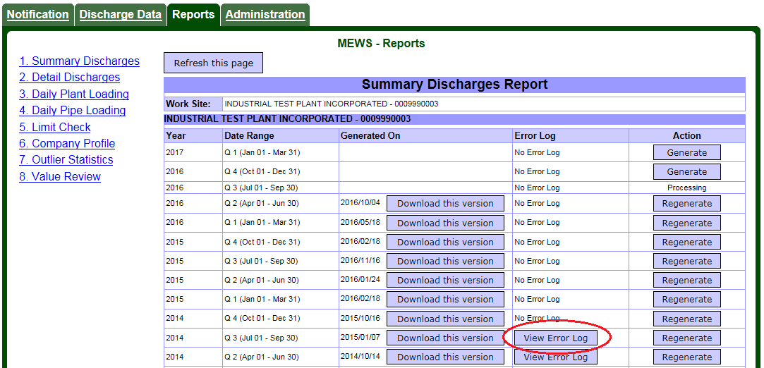 Screen capture of the Reports – Summary Discharge Report page showing the View Error Log button.