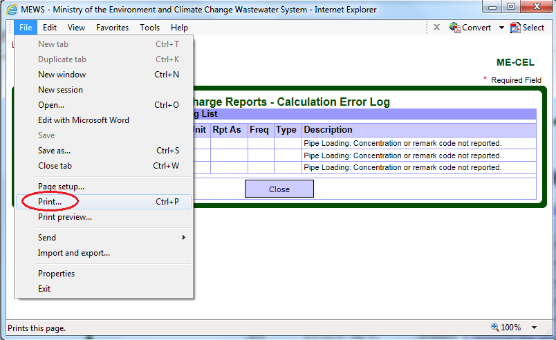 Screen capture of the Discharge Reports – Calculation Error Log with web browser print function selected.