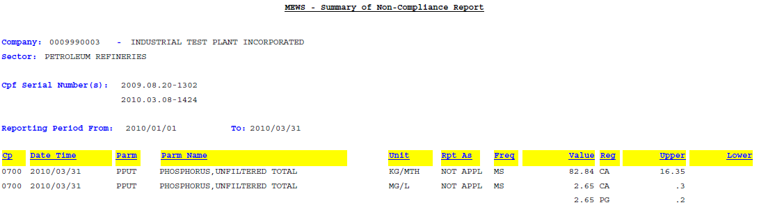 Screen capture of a Summary Non-Compliance Report.