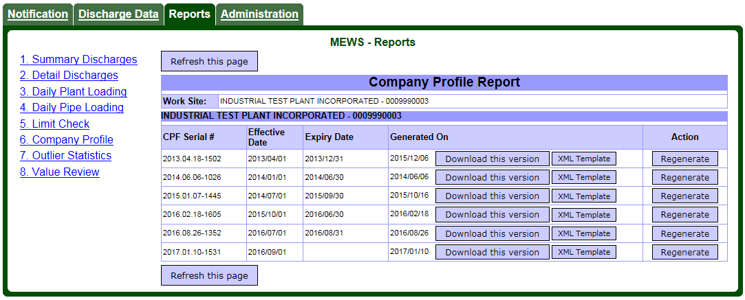 Screen capture of the Reports – Company Profile Report page.