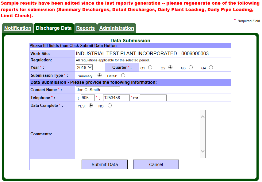 Screen capture of an error message on the Discharge Data – Data Submission page warning that sample results have been edited since the last reports generation.
