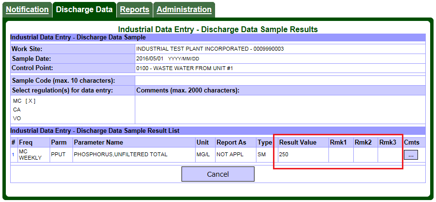 Screen capture of the Discharge Data – Industrial Data Entry – Discharge Data Samples Results page in read-only mode (after data has been submitted).