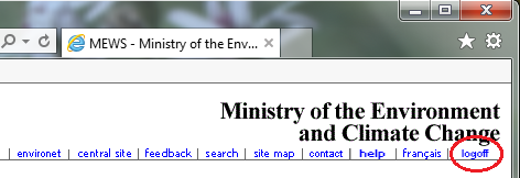 Screen capture of the MEWS log-off menu link.
