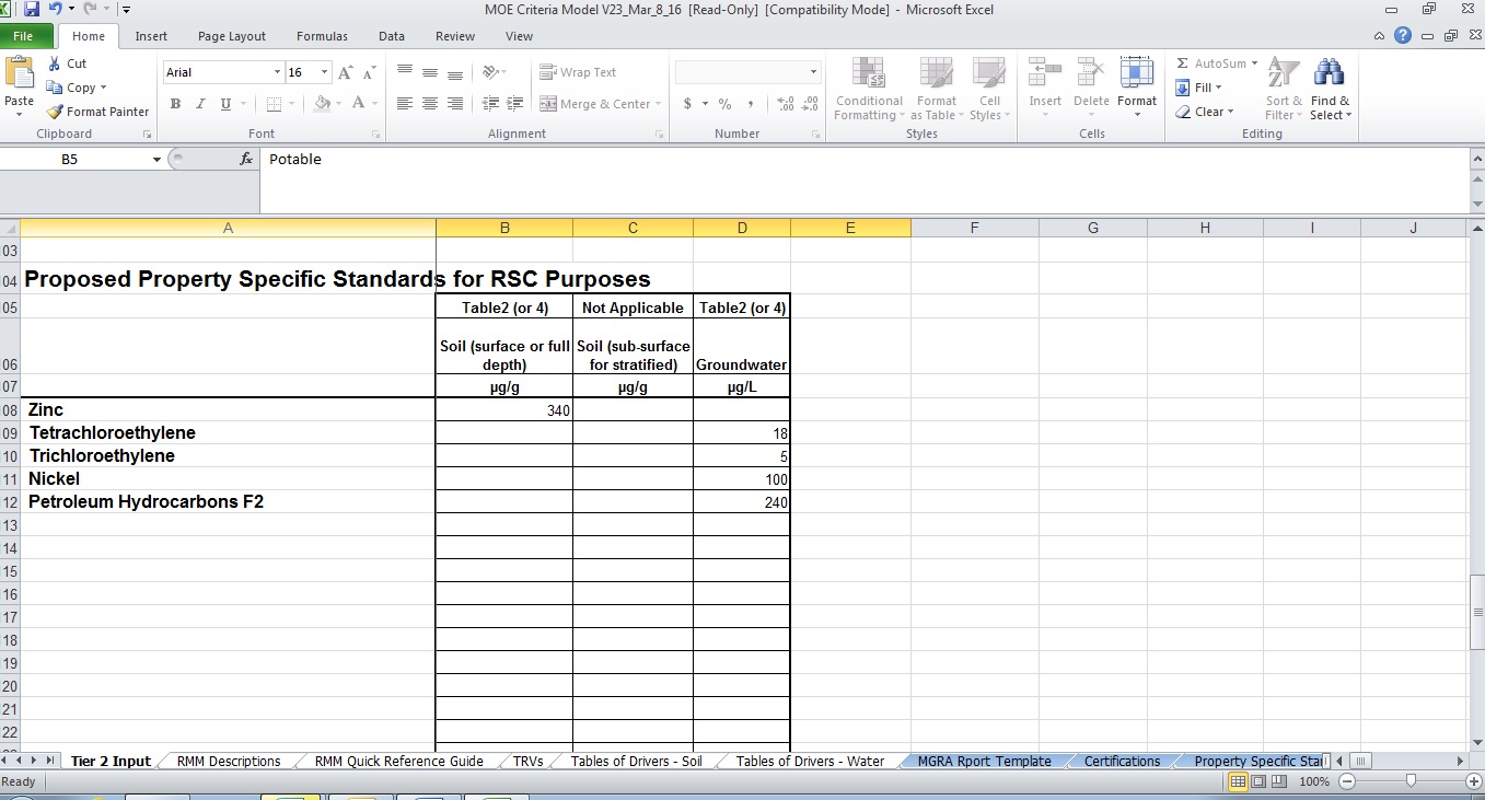 Model screenshot of the Tier 2 Input spreadsheet that displays the final Proposed standards.