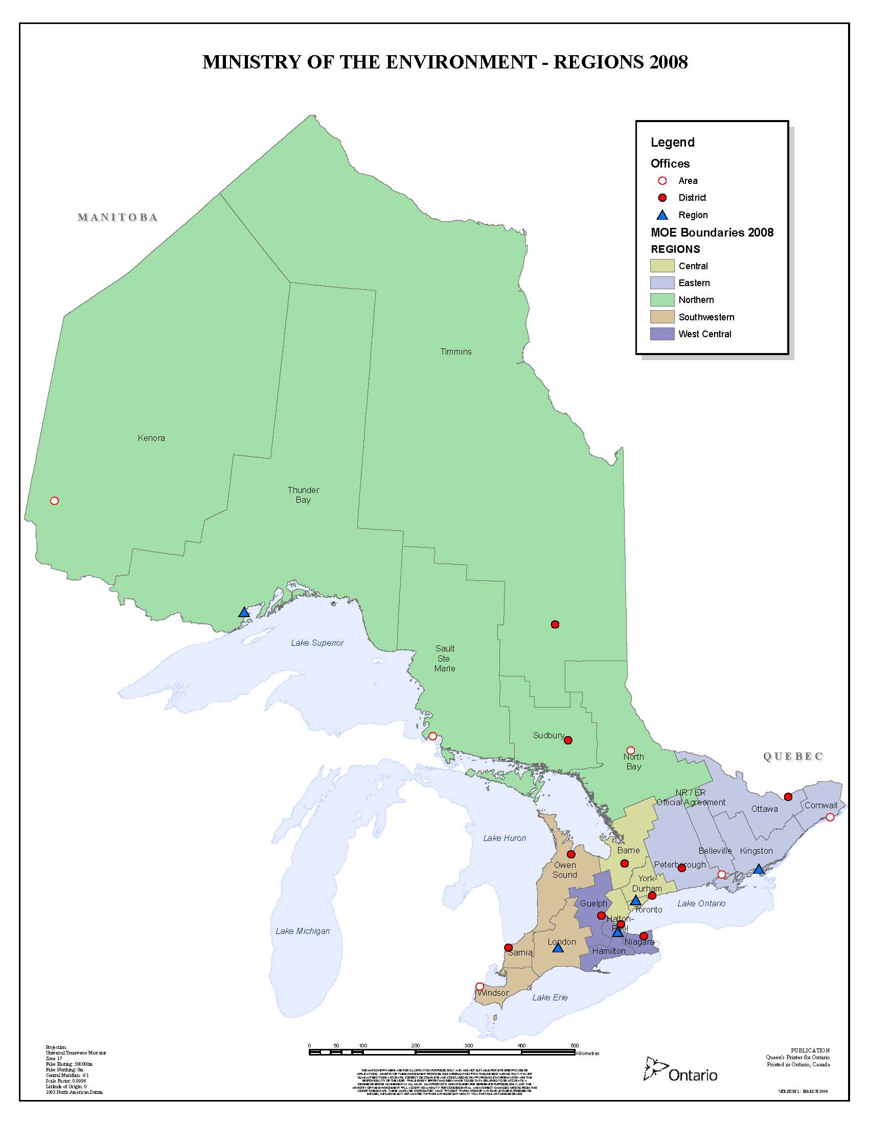 Map of Ontario by Regions Designated by Ministry of the Envrionment as of 2008.