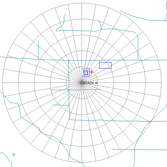 A diagram illustrating a sample Polar receptor grid, showing a circular grid divided into equi-distant sequentially increasing circles, and divided into 10-degree slices centered around one of the two shown stacks.