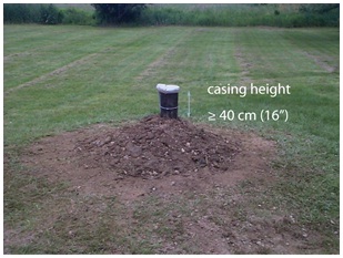 A typical drilled well with steel casing extending more than or equal to 40 centimeters or 16 inches out of the ground with a vermin-proof well cap.