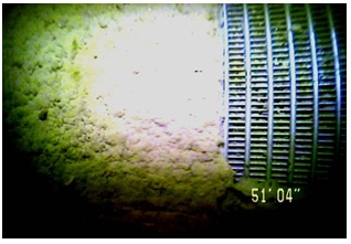 Figure 15-9 shows another example of a video display of a well’s interior. In this example, the stainless steel well screen at the bottom of a well is plugged with a biofilm. The person who works at the abandonment of the well needs to remove the screen to ensure the filling material will properly allow for the return of the natural groundwater flow at the well site and the biofilm will not react with the filling materials or abandonment barrier.