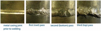 The first image shows a metal casing joint prior to welding. the second image shows it after the first or root pass welding. the third image shows the metal casing after the second or bottom pass welding. and finally, the last shows the casing after the third or top pass. 