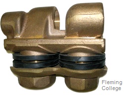 This is an image of a brass double pipe adapter. Picture provided by Fleming College.