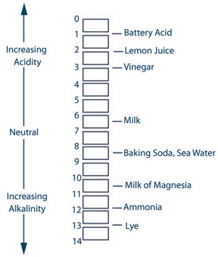 The figure is an image of a pH scale numbered 0 to 14 indicating 7 as neutral. As it goes below 7, it increases acidity and when it goes above 7 it increases alkalinity.
