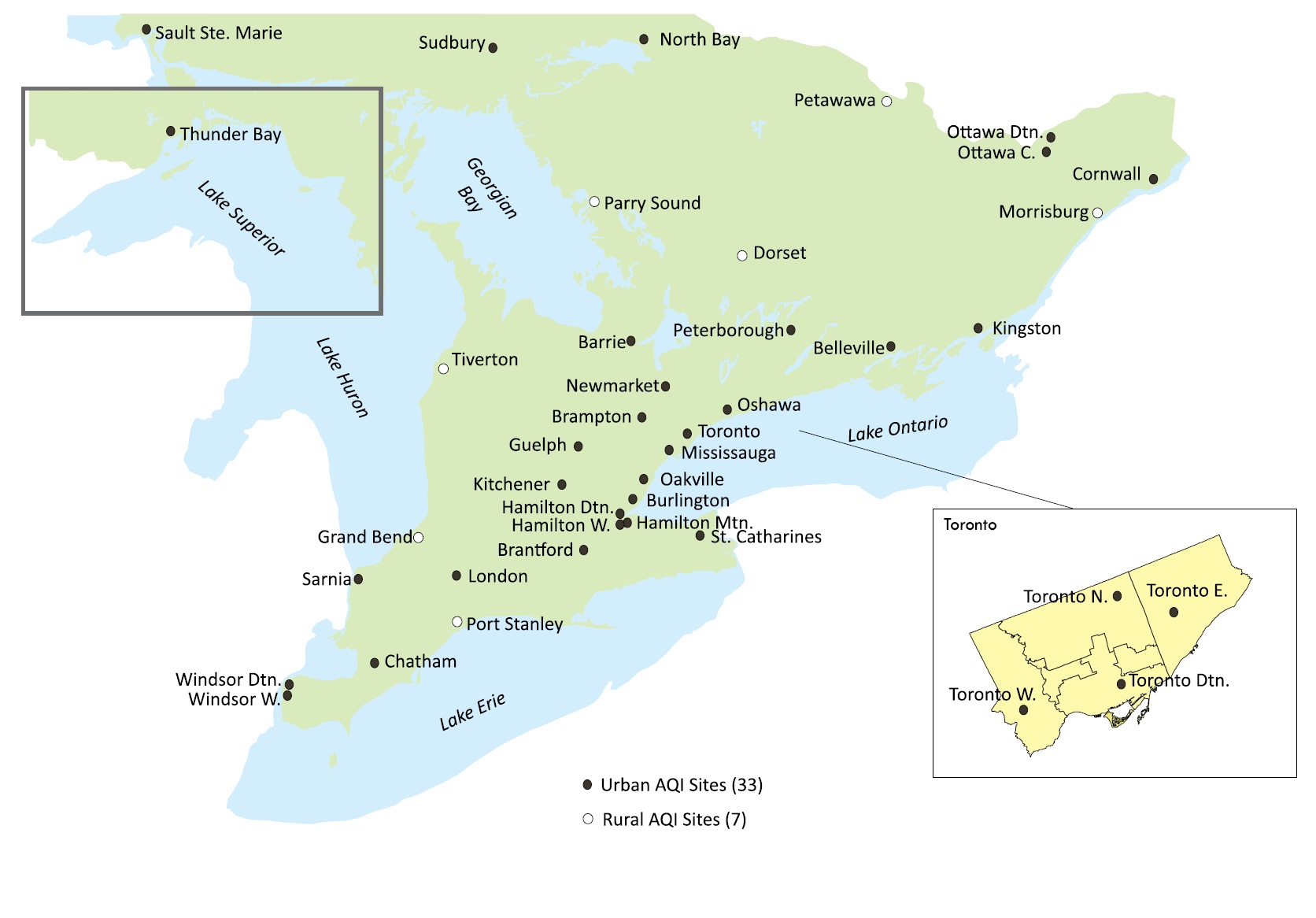 Map A1 is a map depicting the Air Quality Index monitoring sites across Ontario in 2013.