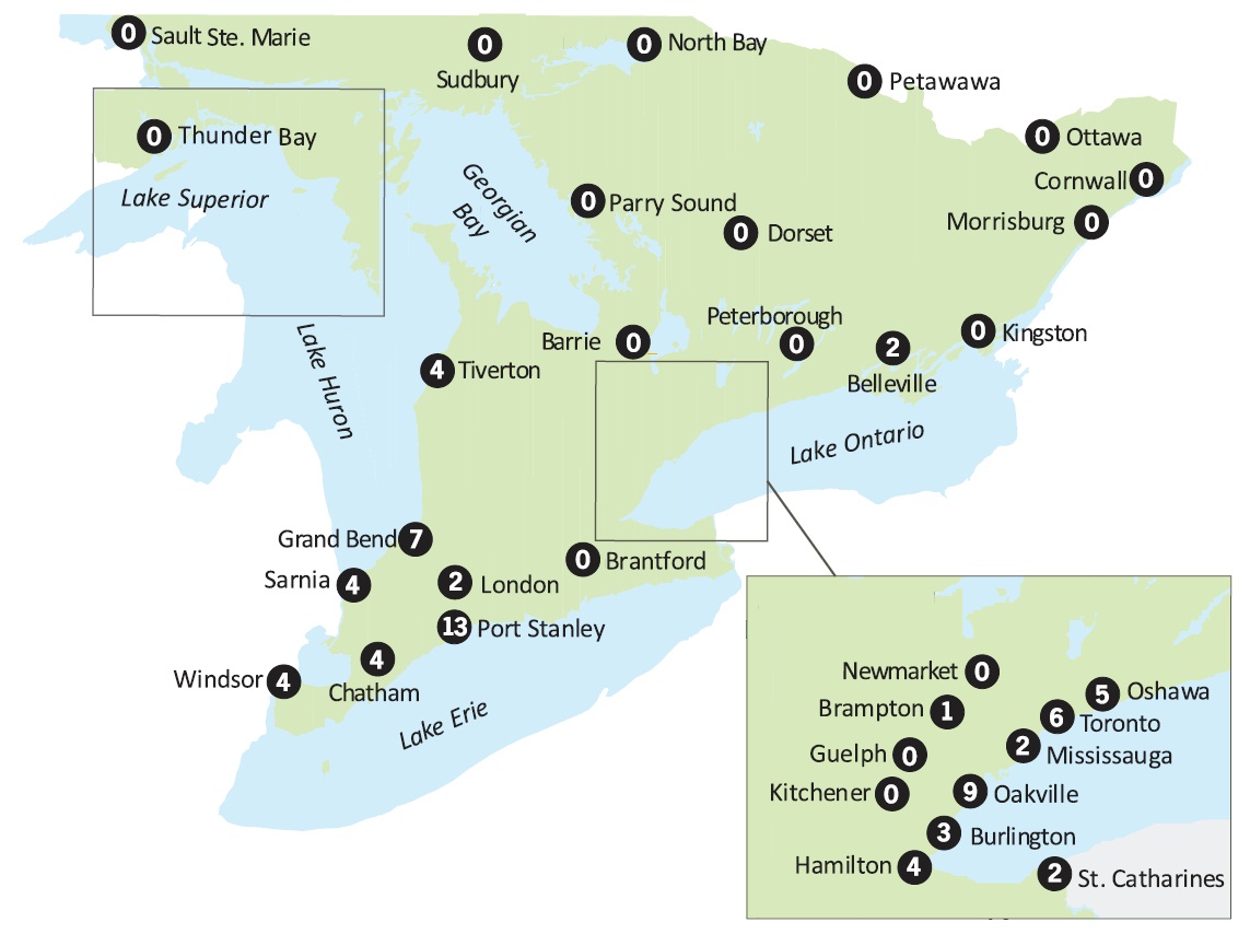 Figure 3 is a map showing the geographical distribution of the number of hours above the one-hour ozone Ambient Air Quality Criteria across Ontario in 2013. The number of one-hour ozone exceedances were experienced as follows: Windsor 4, Sarnia 4, Grand Bend 7, Tiverton 4, Chatham 4, Port Stanley 13, London 2, Brantford 0, St. Catharines 2, Hamilton 4, Burlington 3, Kitchener 0, Guelph 0, Oakville 9, Mississauga 2, Brampton 1, Toronto 6, Oshawa 5, Newmarket 0, Barrie 0, Peterborough 0, Belleville 2, Kingston 0, Morrisburg 0, Cornwall 0, Ottawa 0, Parry Sound 0, Dorset 0, Petawawa 0, North Bay 0, Sudbury 0, Sault Ste. Marie 0, and Thunder Bay 0.