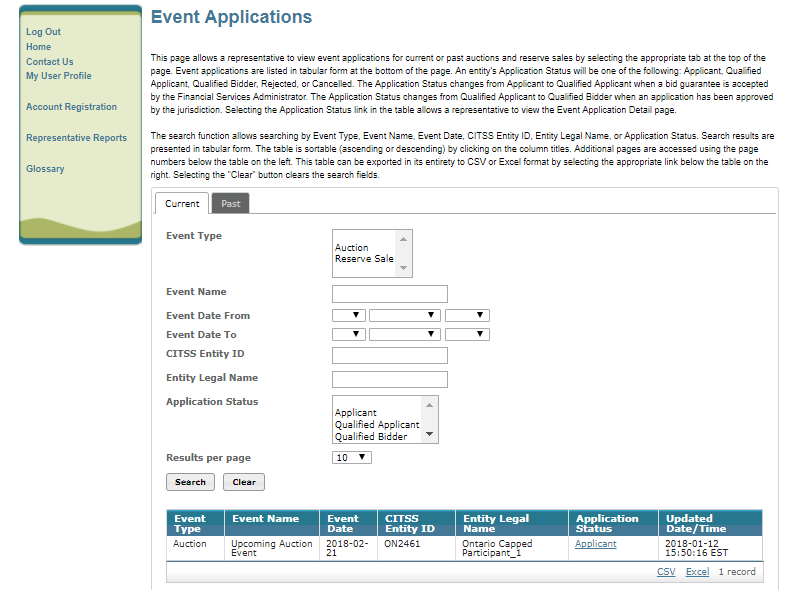 This figure shows the Event Applications page which allows a representative to view event applications for current or past auctions and sales.