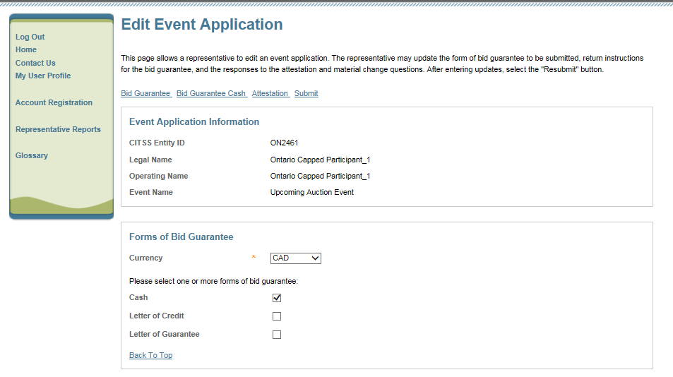 This figure is part 1 of three screenshots that show the different sections of the “Edit Event Application” page which is accessed by selecting the “Edit Application” button.