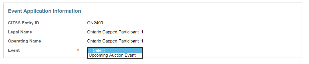 This figure shows the The Event Application Information pane which includes fields for the CITSS Entity ID, Legal Name, Operating Name, and an Event dropdown menu.