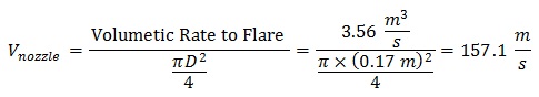 corrected nozzle velocity equals start fraction volumetric rate to flare over start fraction pi Diameter squared over 4 end fraction end fraction equals start fraction 3.56 cubic meters per second over start fraction pi times open parenthesis 0.17 meters close parenthesis squared over 4 end fraction end fraction equals 157.1 meter per second.