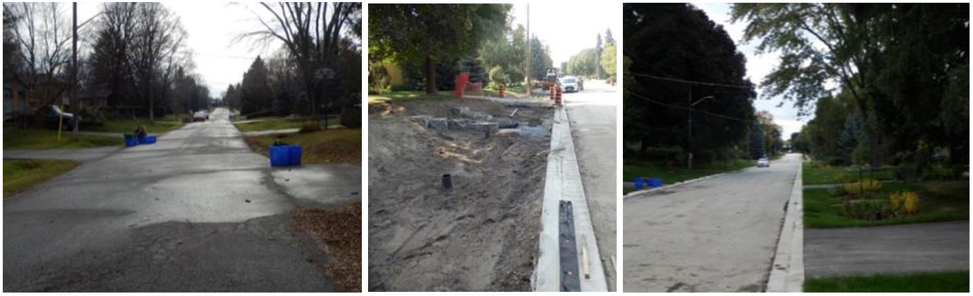 This is three photos showing before, during and after construction of a residential Low Impact Development demonstration site in Newmarket. In the first image, there are traditional curbs and gutters to manage stormwater resulting in street run off going directly to the nearby creek. In the second image, taken during construction, a bioswale is being constructed. The third image shows the finished project where the run off is directed to residential rain gardens.