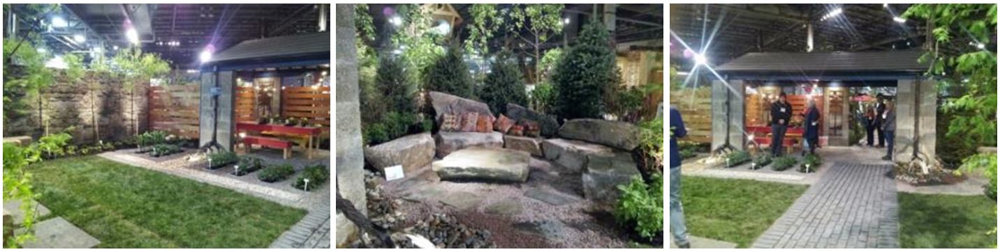 This is three images showing the demonstration rain gardens at the 2015 Canada Blooms Festival to promote lot level LID techniques and illustrate how storm-water management techniques can be functional and aesthetic in a residential setting. In the first image a downspout from a house is seen draining into the lawn through gravel. In the second image there is a curved rock garden suitable for sitting in. There is gravel on the ground to slow rain infiltration. In the third image people are standing in the garden outside the house and permeable pavement can be seen in the foreground. 