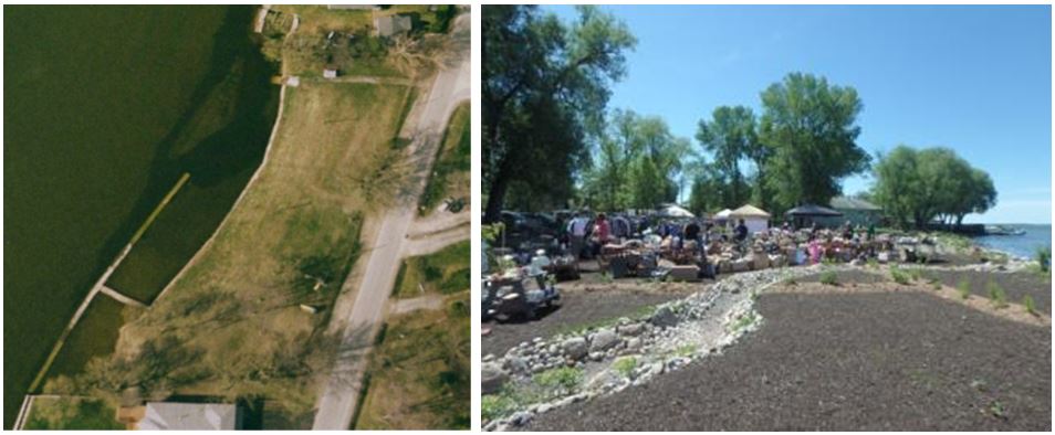 This is two images showing the “before” and “after” of one of the restored public shorelines at Pine Beach Park. The first image, the “before” image, shows an aerial view of the site with a hardened shoreline and not a lot of natural vegetation. In the second image, taken after the work has been completed, there is a bioswale and increased vegetated plantings.