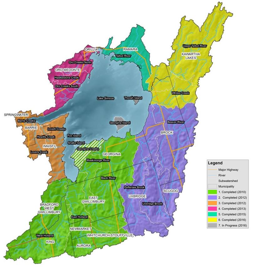 This map shows the subwatersheds that make up the Lake Simcoe watershed and the year that their subwatershed plan was completed or is planned for completion. Subwatershed Plans completed in 2010 include: Beaver River; Black River; East Holland; Maskinonge; Pefferlaw River; West Holland. Subwatershed Plans completed in 2012 include: Barrie Creeks; Hewitts Creek;
Innisfil Creeks;
Lovers Creek
Subwatershed Plans completed in 2013 include:
Hawkestone Creek;
Oro North Creeks;
Oro South Creeks.
Subwatershed Plans completed in 2015 include:
Ramara Creeks;
Talbot River.
Subwatershed Plans completed in 2016 include:
Whites Creek;
Upper Talbot River.
Subwatershed Plans in progress in 2016 include:
Georgina Island First Nations.