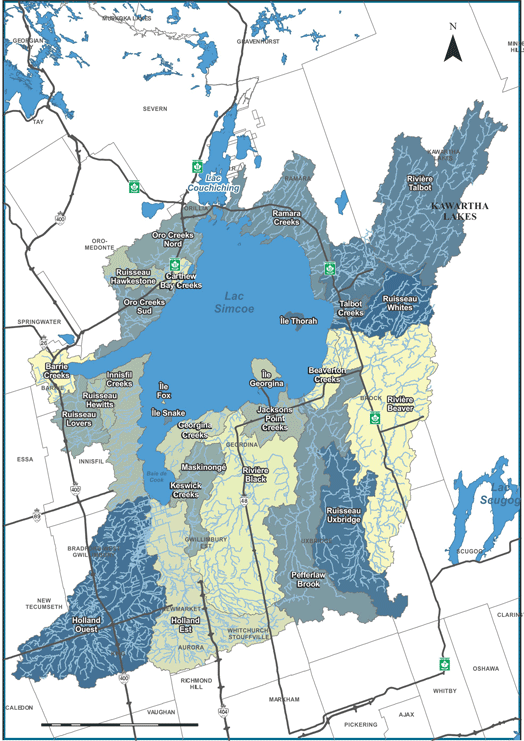 Cette carte montre la frontière du bassin hydrographique visé par la Loi sur la protection du lac Simcoe.