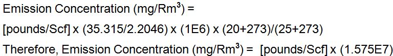 Emission Concentration milligrams per cubic meter is calculated by multiplying the pounds per cubic fee by 15,750,000. 