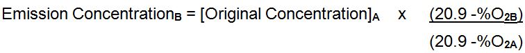The emission concentration B is calculated by multiplying the original concentration A with 20.9 minus percentrage oxygen B divided by 20.9 minus percent oxygen A. 