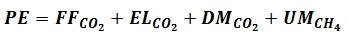 PE equals FF sub CO2 plus EL sub CO2 plus DM sub CO2 plus UM sub CH4.